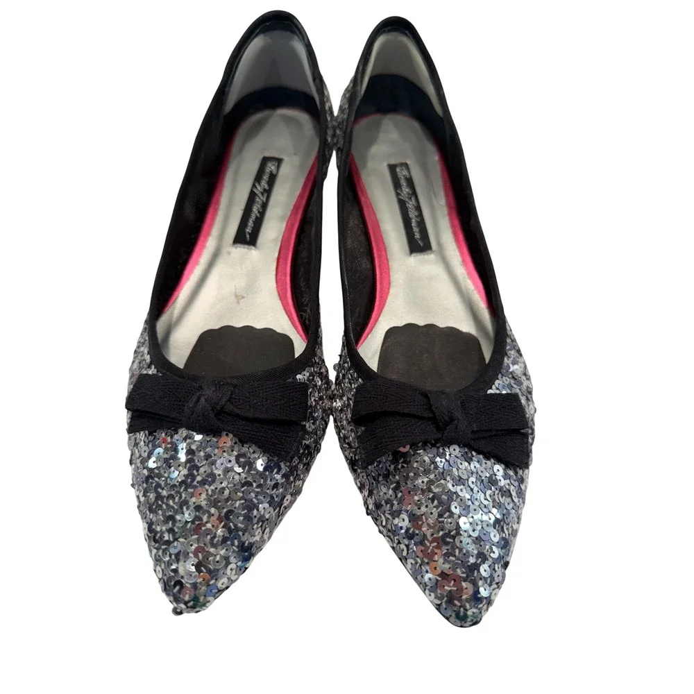 Beverly Feldman Sequin Bow Flats Womens Silver Black‎ Sparkle Pointed Toe Glam